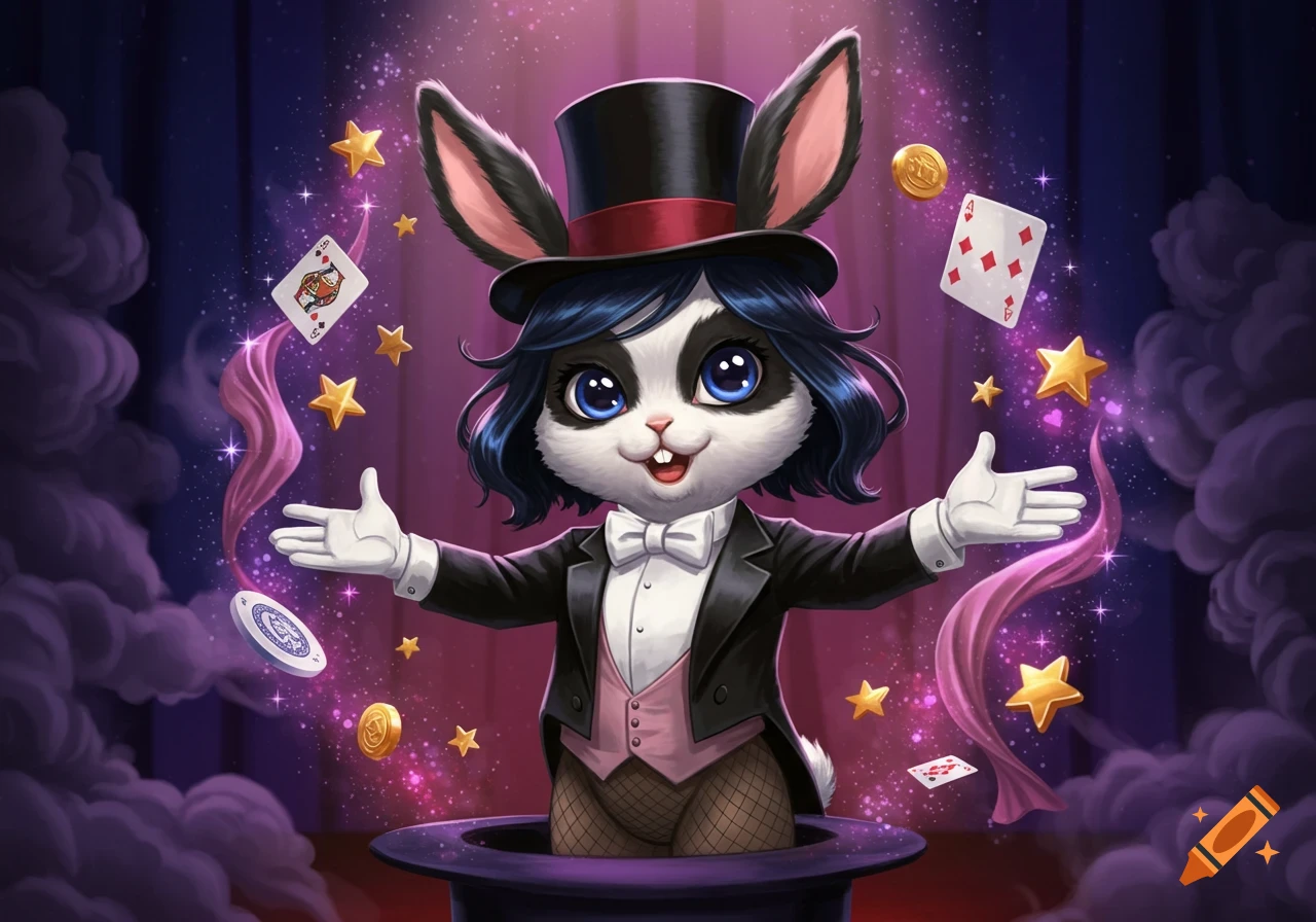 Cute cartoon bunny magician in a tuxedo emerges from a hat, surrounded by floating cards, coins, and stars.
