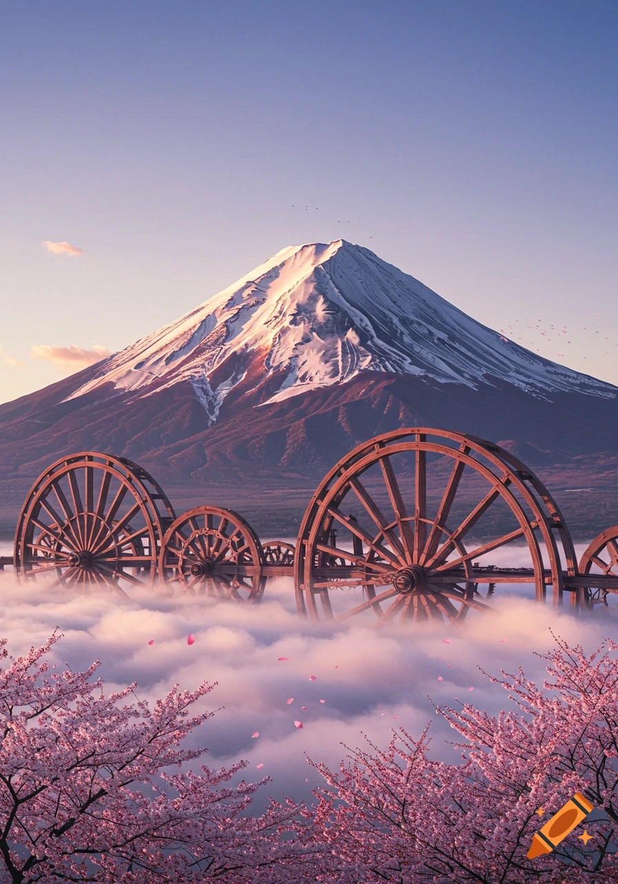 A surreal landscape featuring snow-capped Mount Fuji, large wooden wheels, and pink cherry blossoms emerging from a sea of clouds at sunset.