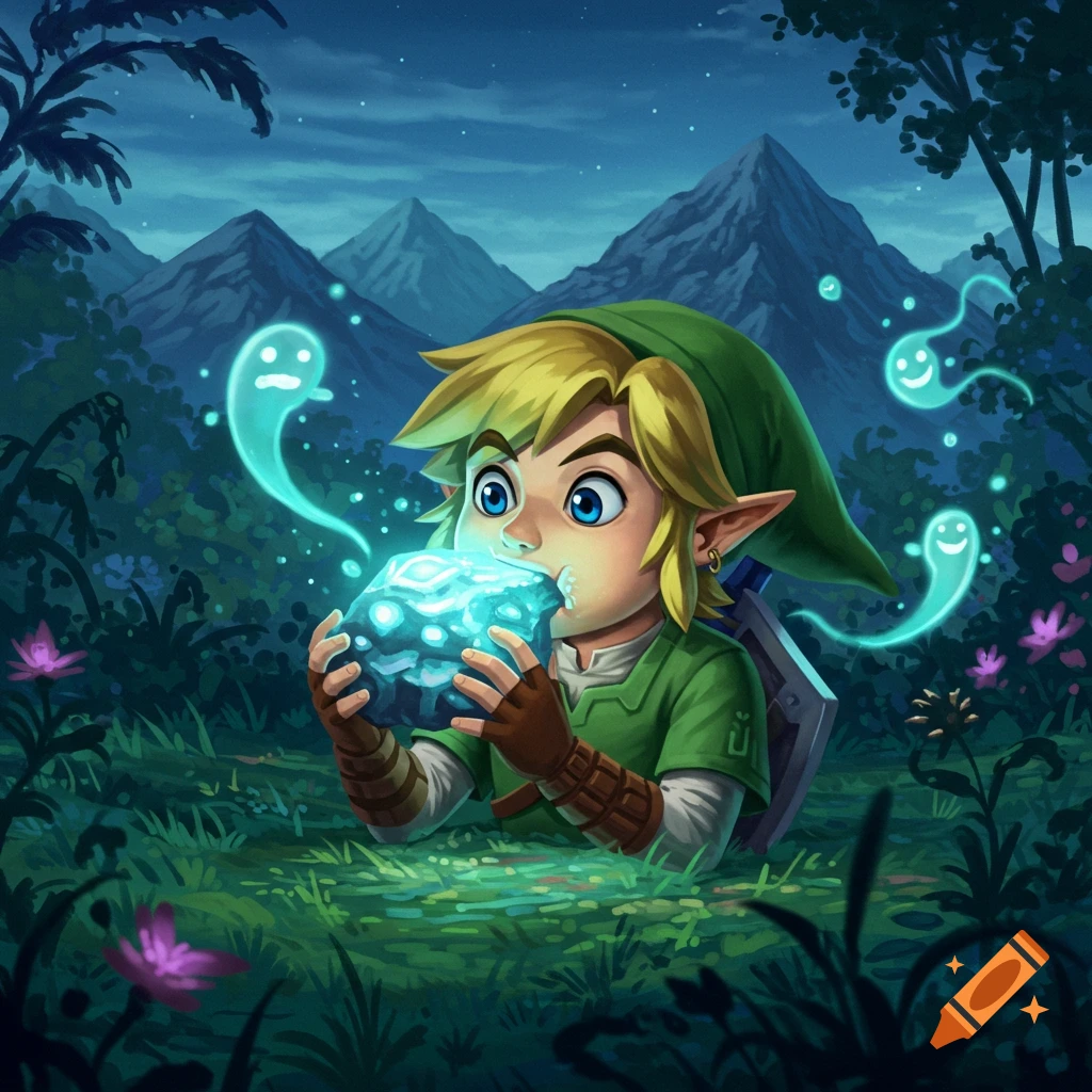 Cartoon Link in a forest at night, holding and looking intently at a glowing blue rock, with several glowing blue ghost-like figures floating around him.