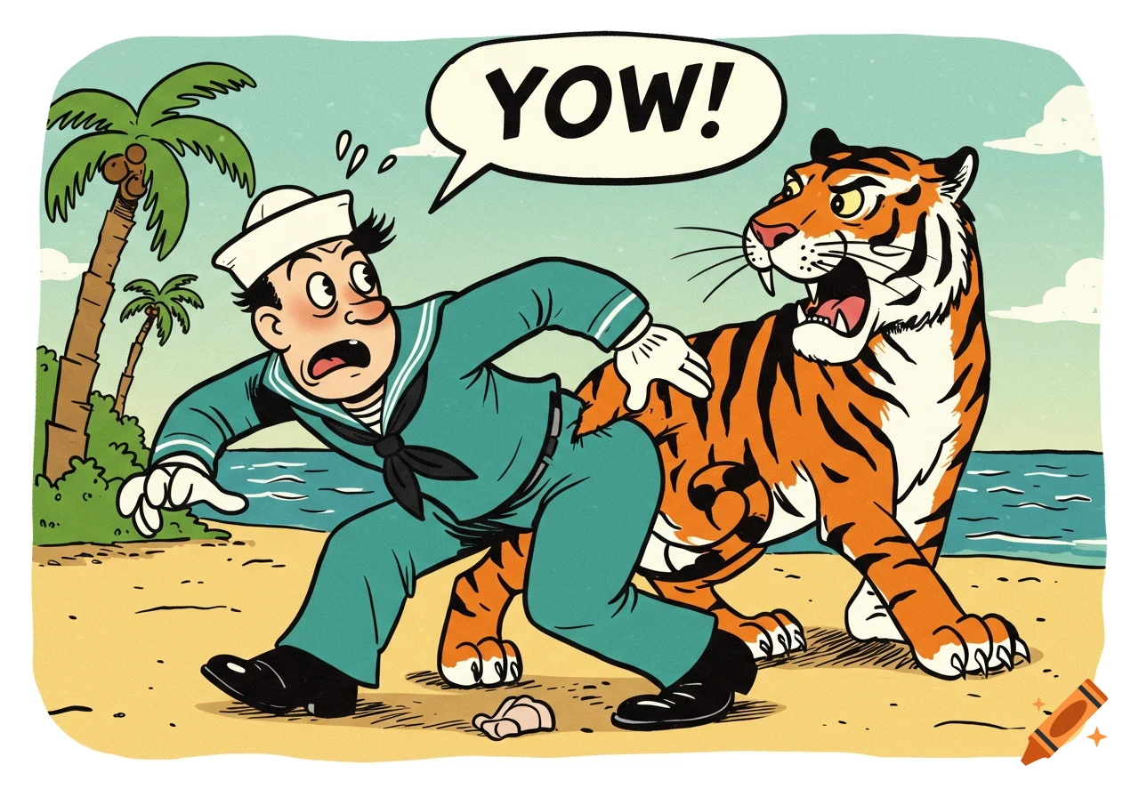 A classic 1940s cartoon shows a surprised sailor on a beach being bitten on the backside by a tiger, with a 'YOW!' speech bubble.