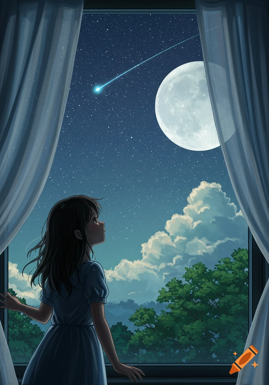 Anime girl looking out a window at a starry night sky with a large moon and a shooting star, curtains blowing.