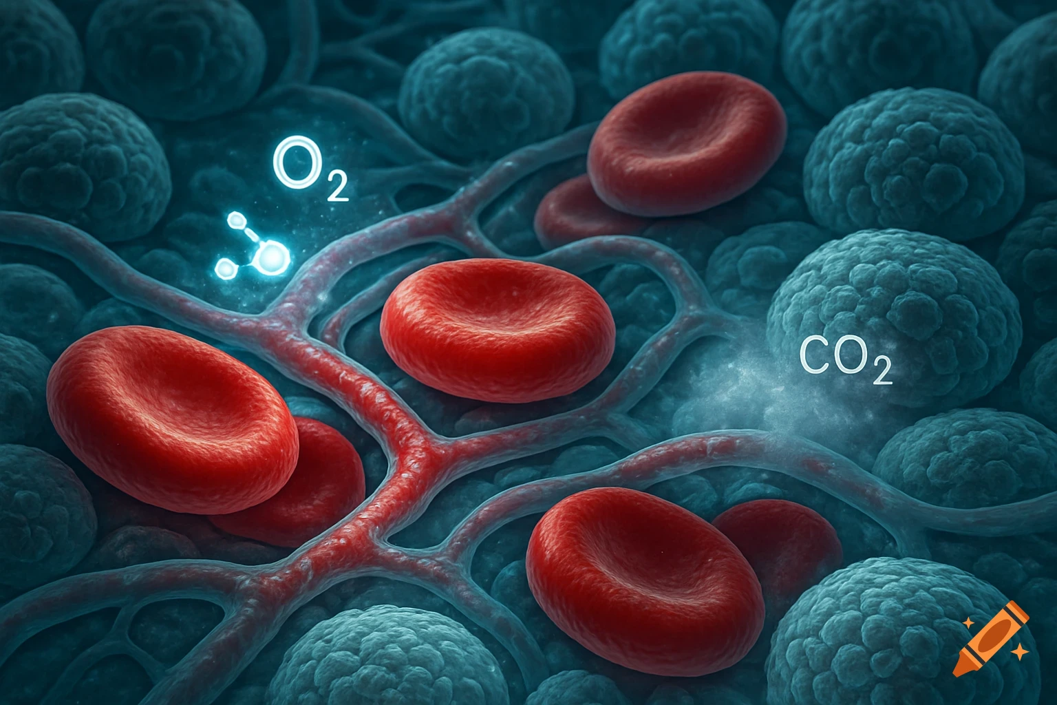 A microscopic view of red blood cells in capillaries with O2 and CO2 molecules representing gas exchange.