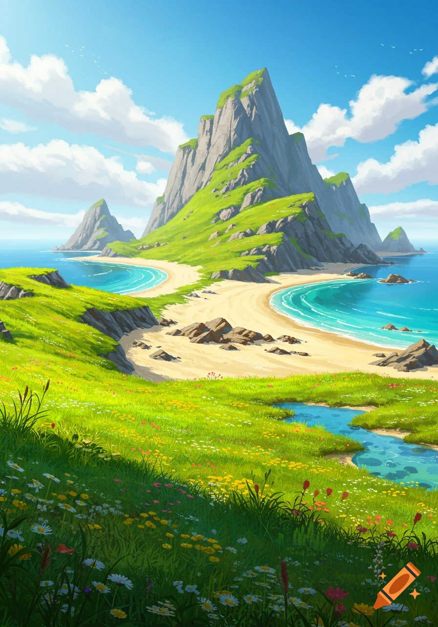 Vibrant illustration of a sunny coastal landscape with lush green meadows, sandy beaches, and towering mountains under a blue sky.