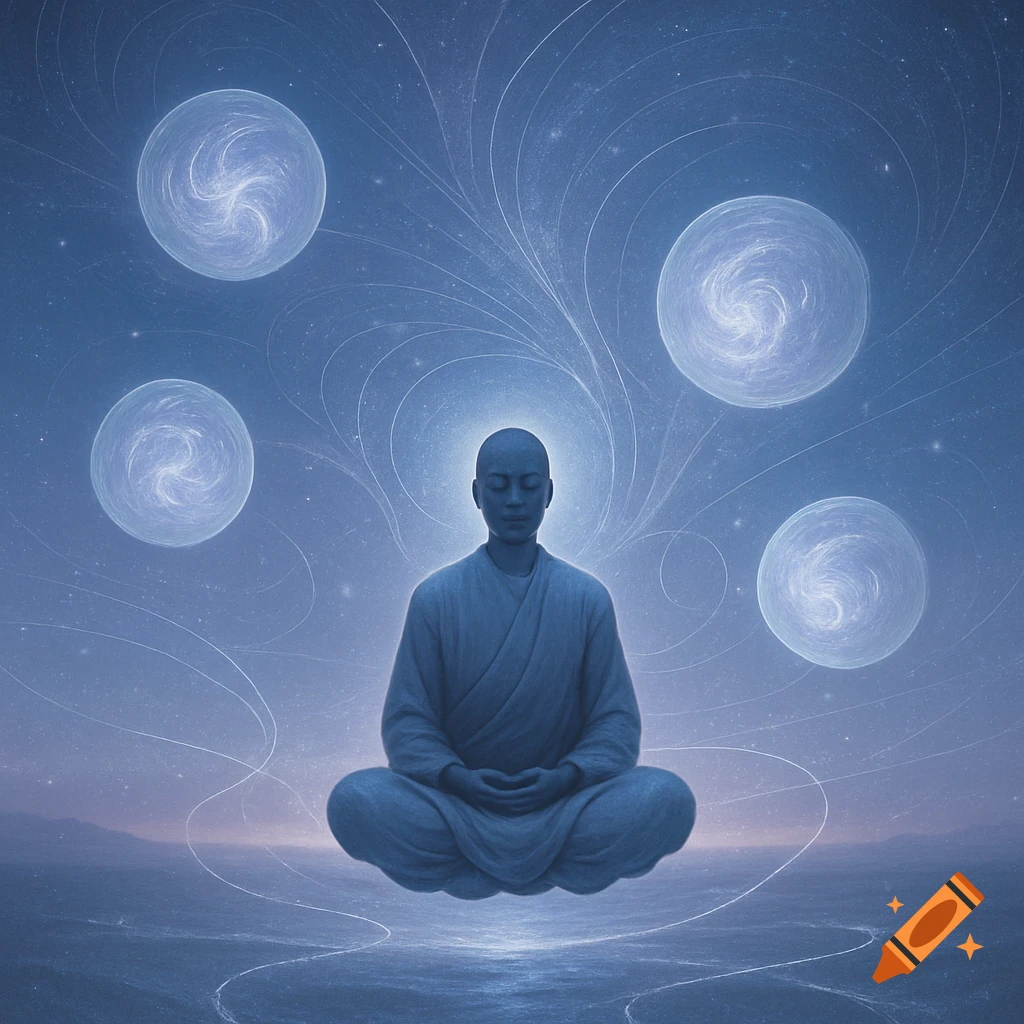 A bald figure in blue robes meditates, floating above water under a starry blue sky, with glowing orbs and ethereal light trails.