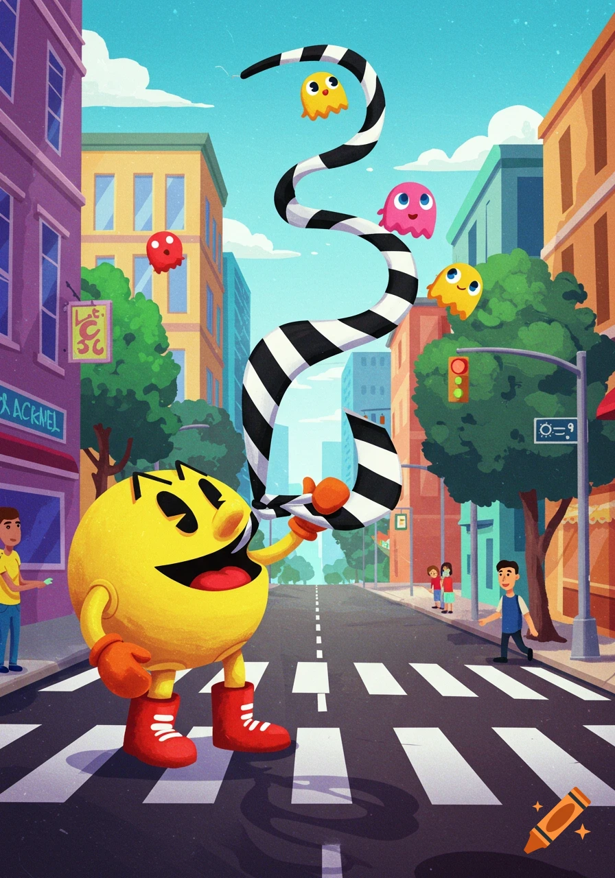 A cartoon Pac-Man pulls a black and white striped pedestrian crossing from his mouth in a colorful city street with ghosts flying.