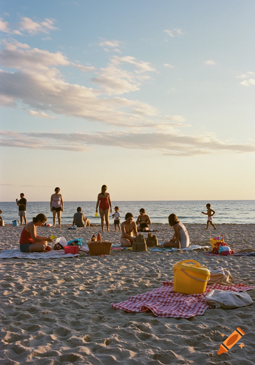 Families enjoy a beach day, with people sitting on the sand, some building sandcastles, under a warm sky.