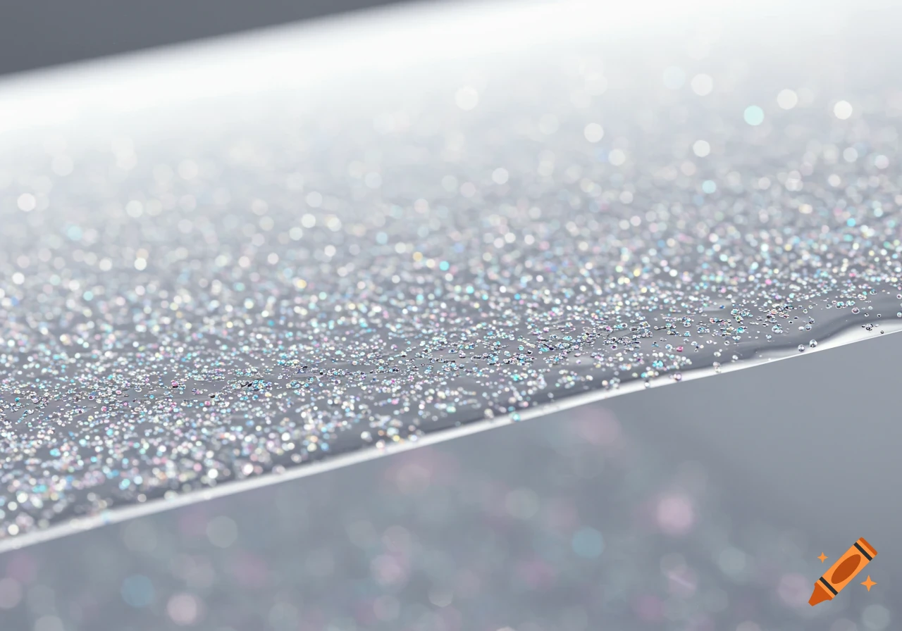Close-up of a reflective surface covered in shimmering, multi-colored glitter, with a blurred background.