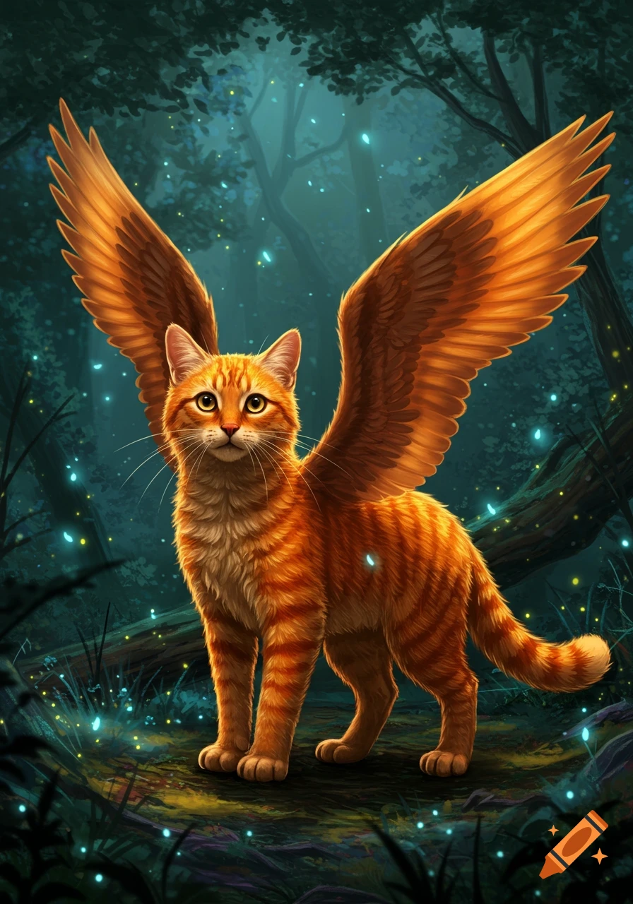 A detailed illustration of an orange tabby cat with large golden-brown wings, standing in a dark, magical forest with glowing blue specks.