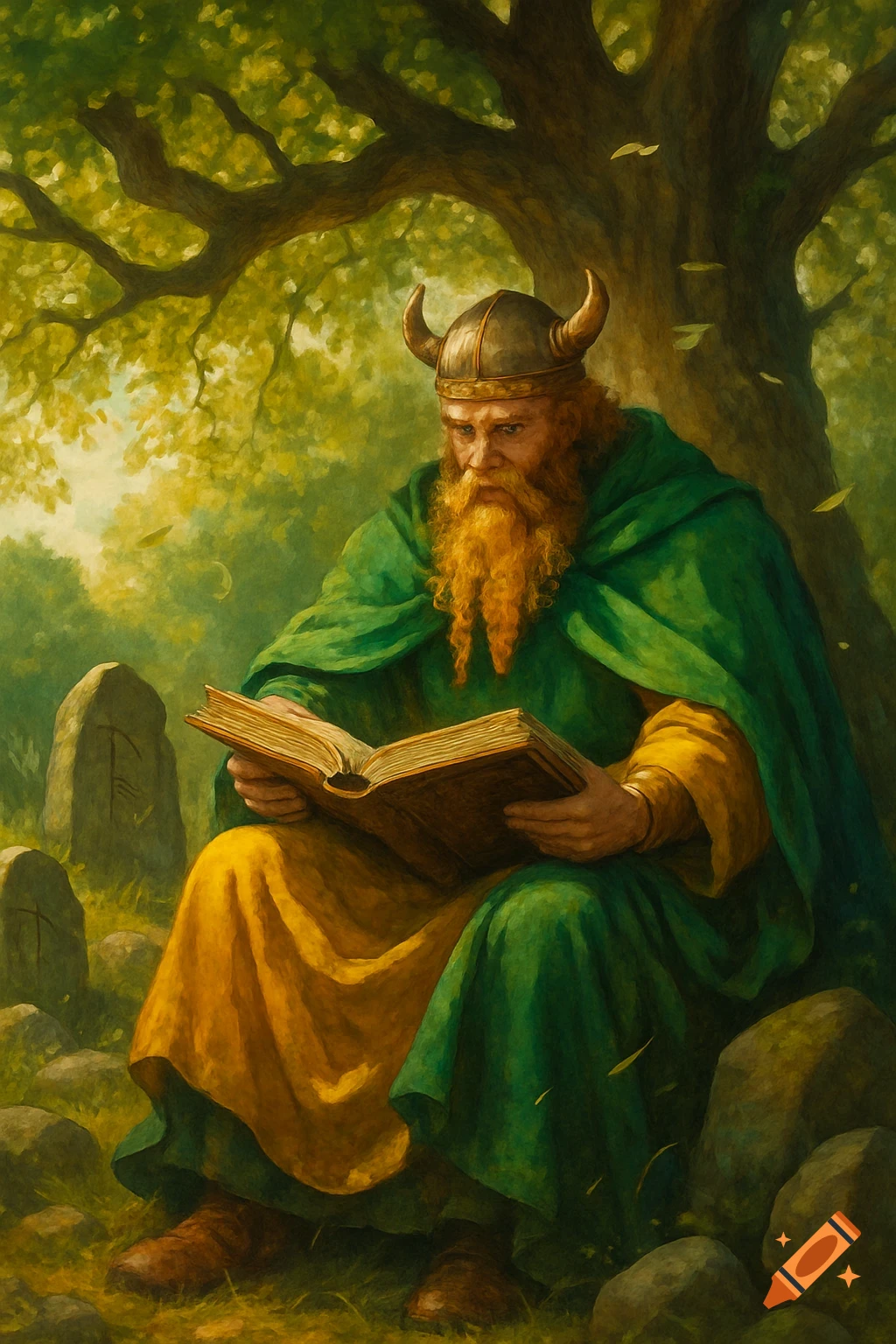 A bearded man in a horned helmet and green-yellow robes sits under a tree, reading a book, in a painterly style.