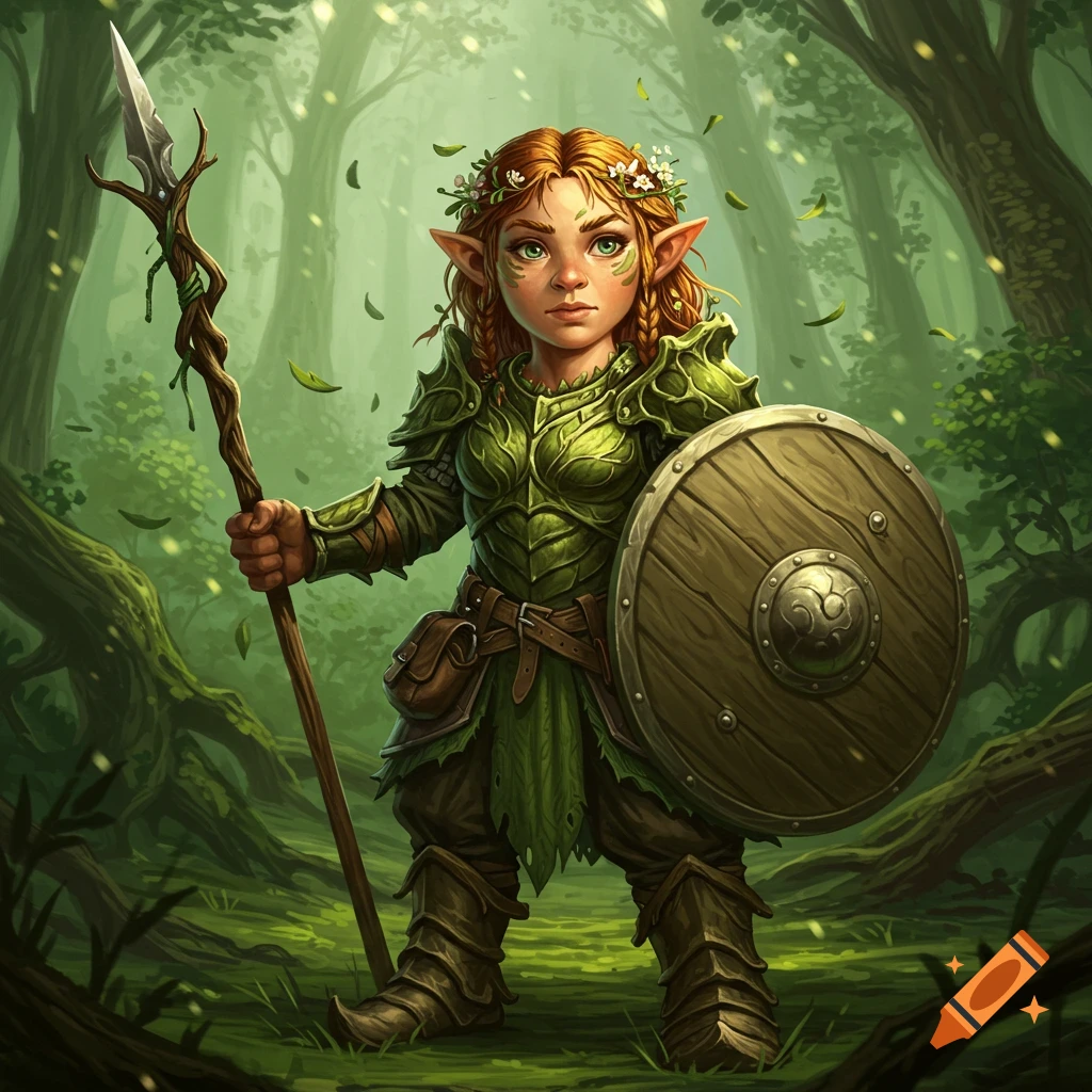 A female gnome druid with leaf armor, spear, and round shield stands in a green forest.