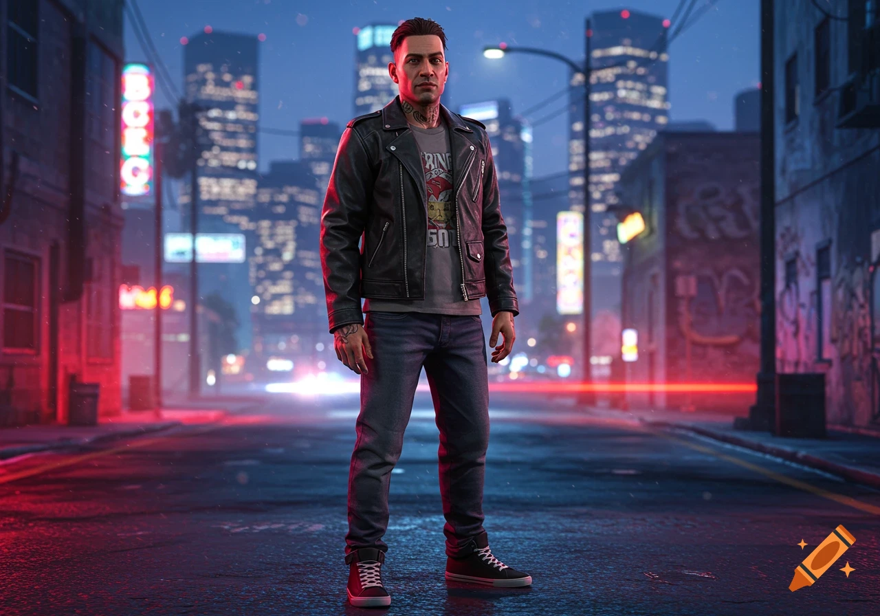 A male character in a leather jacket and jeans stands in a neon-lit urban street at night, in a video game art style.