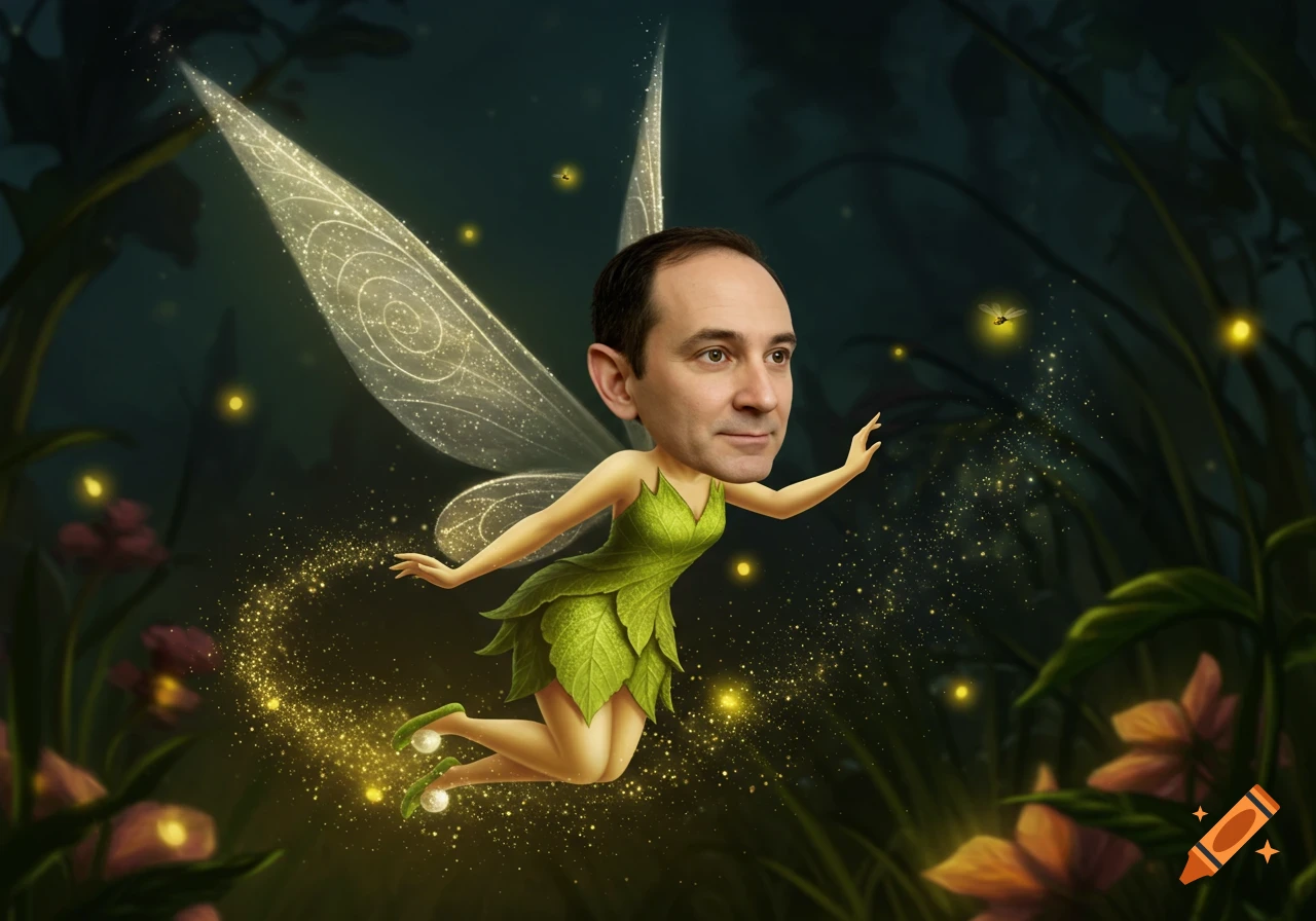 Caricature of a man's head on Tinkerbell's body, a green fairy with glowing wings, flying in a dark, magical forest with fireflies.