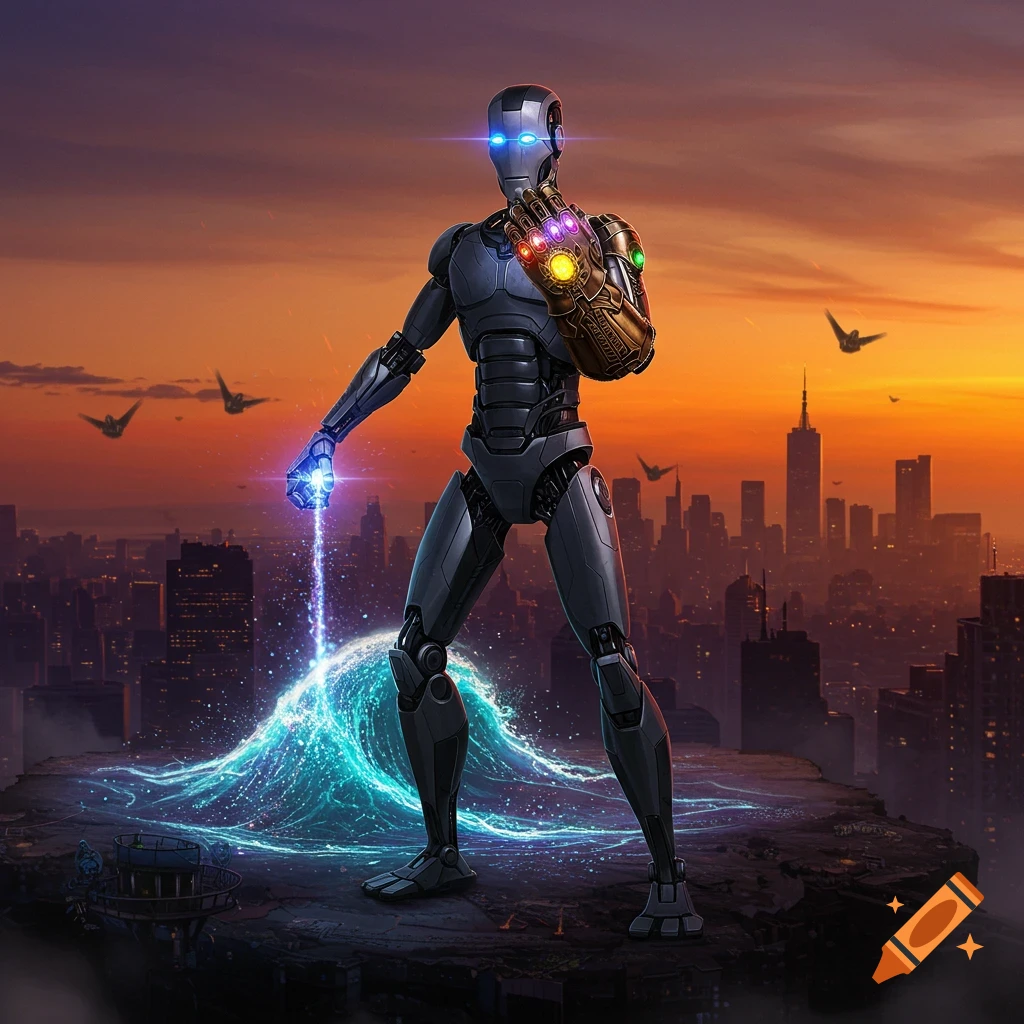 An AI robot with glowing blue eyes and an Infinity Gauntlet on its right hand stands on a cliff overlooking a city skyline at sunset, generating a glowing blue wave from its left hand.