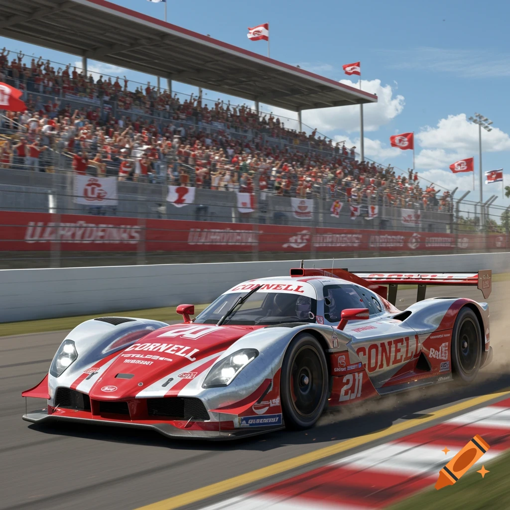A red and silver Cornell racing car speeds on a track with cheering spectators in a grandstand under a blue sky.