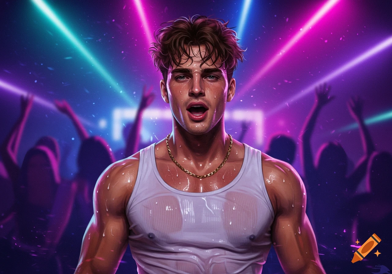 A sweaty young man in a white tank top and gold chain necklace stands in a vibrant, neon-lit club with silhouetted figures. Digital art.