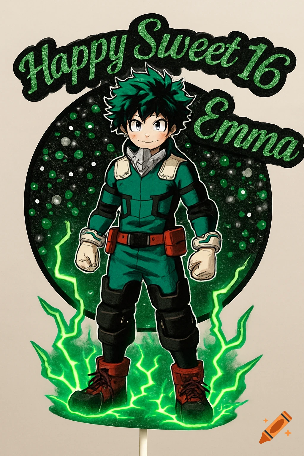 Anime cake topper of Deku from My Hero Academia with green energy and glitter text 'Happy Sweet 16 Emma'