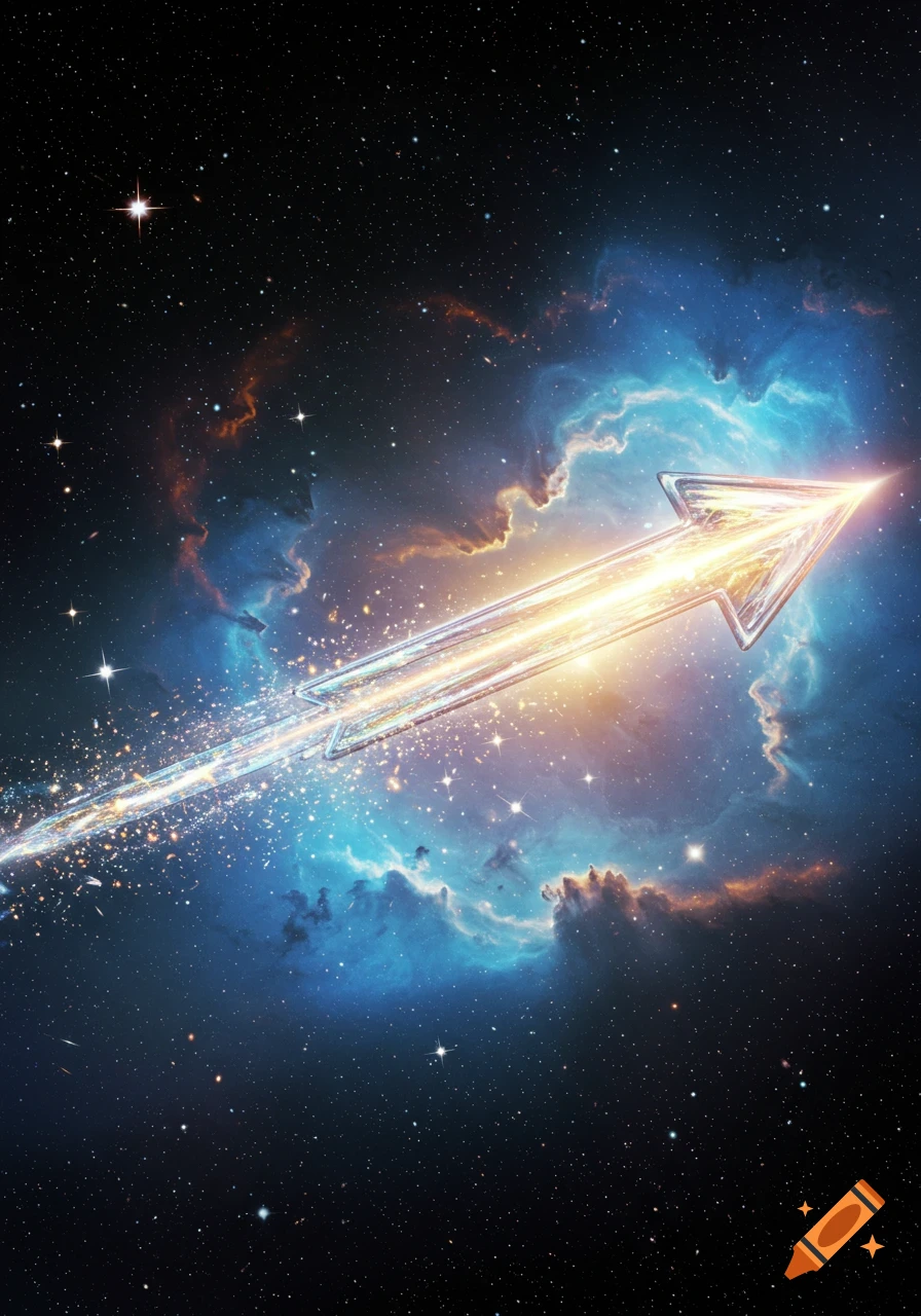 A glowing, arrow-shaped object streaks across a dark blue and orange nebula filled with stars in deep space.