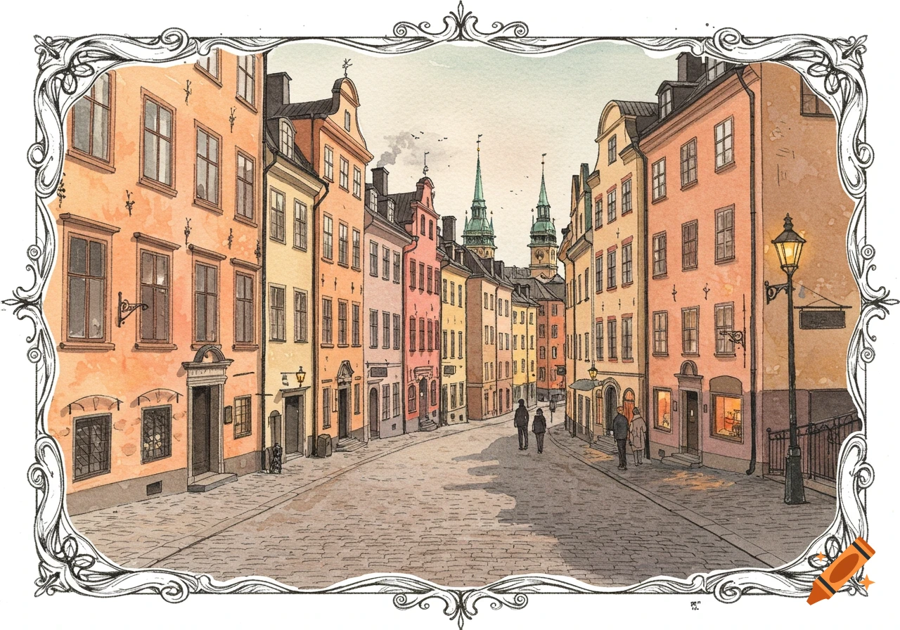 Watercolor illustration of Stockholm's old town with colorful historic buildings, cobblestone street, and people, framed by decorative ink borders.