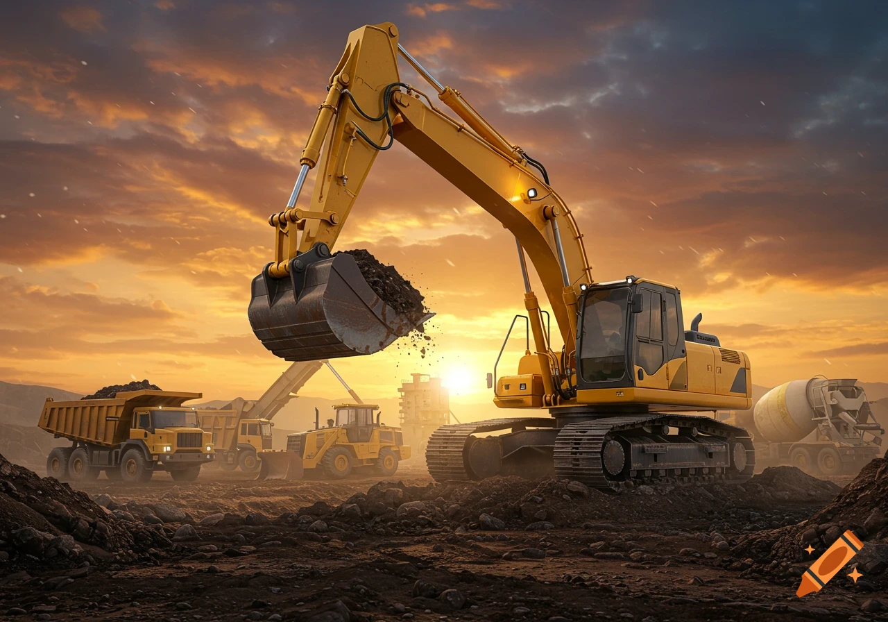 Photorealistic image of an excavator digging at a dusty construction site with a dump truck, bulldozer, and cement mixer under a dramatic sunset.