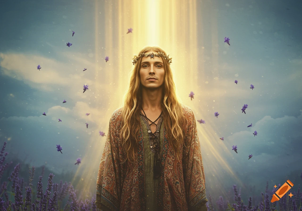A mystical person with long blonde hair and a flower crown stands in a lavender field under golden light, with petals floating.