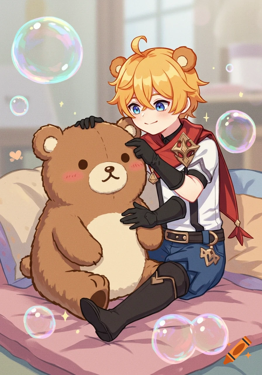 An anime boy with orange hair and bear ears gently pats a large brown teddy bear while sitting on a bed, surrounded by colorful bubbles.