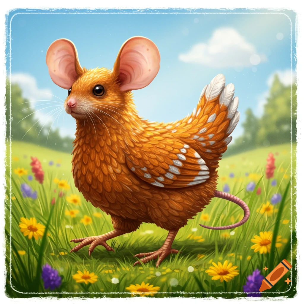 A whimsical brown mouse-chicken hybrid with large ears and a feathery body walks in a vibrant green field with colorful flowers.
