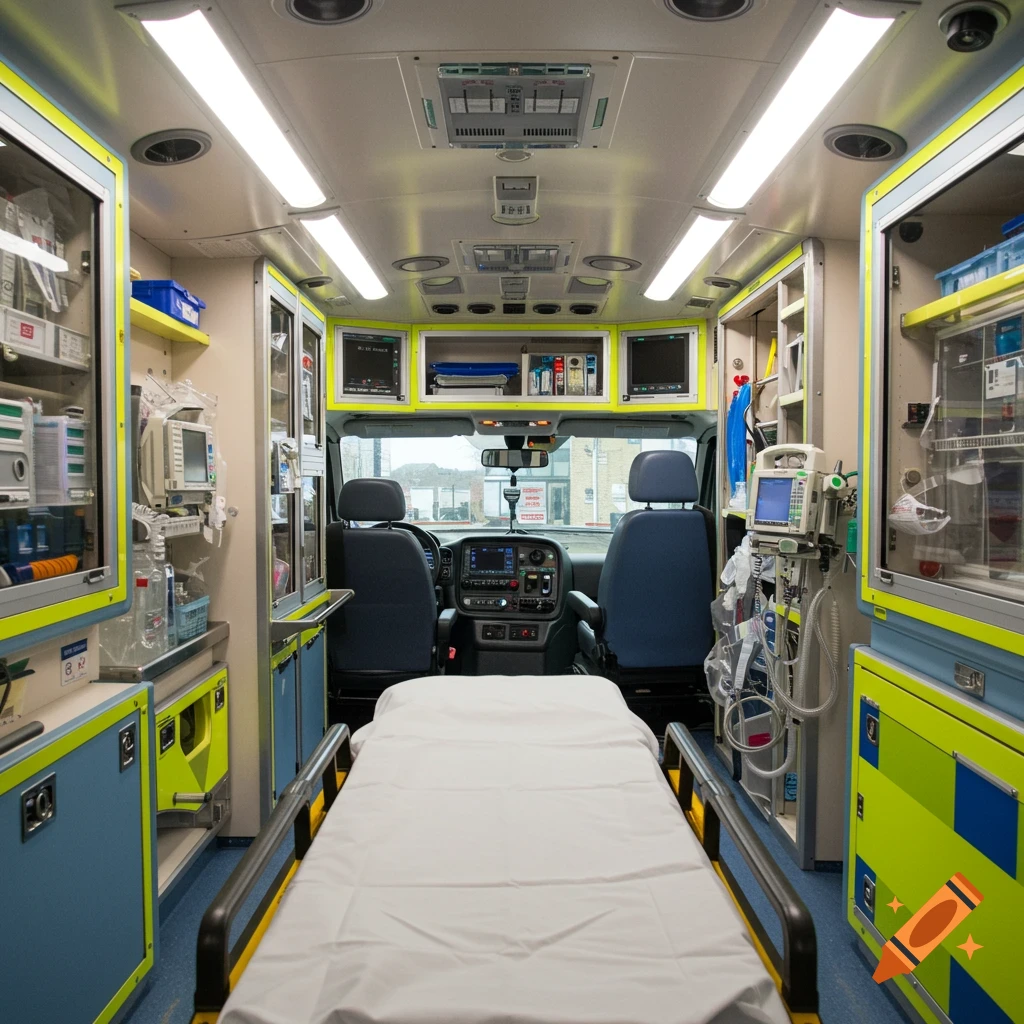 A photorealistic first-person view inside an empty English ambulance, showing a stretcher and various medical equipment.