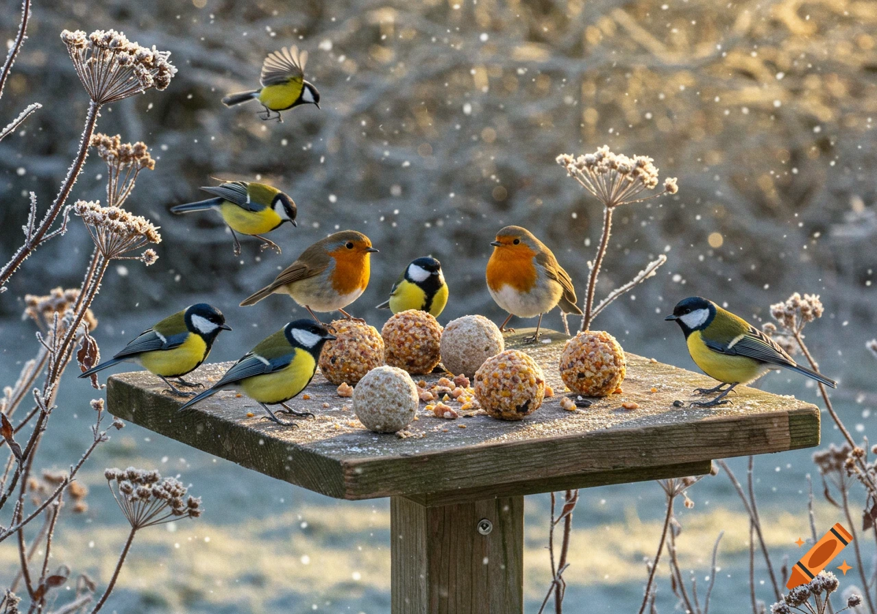 Photorealistic image of robins and great tits feeding on fat balls on a wooden bird table in a snowy winter garden.