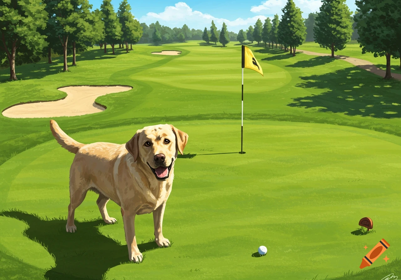 A happy yellow Labrador retriever stands on a green golf course with a flag, golf ball, and tee.