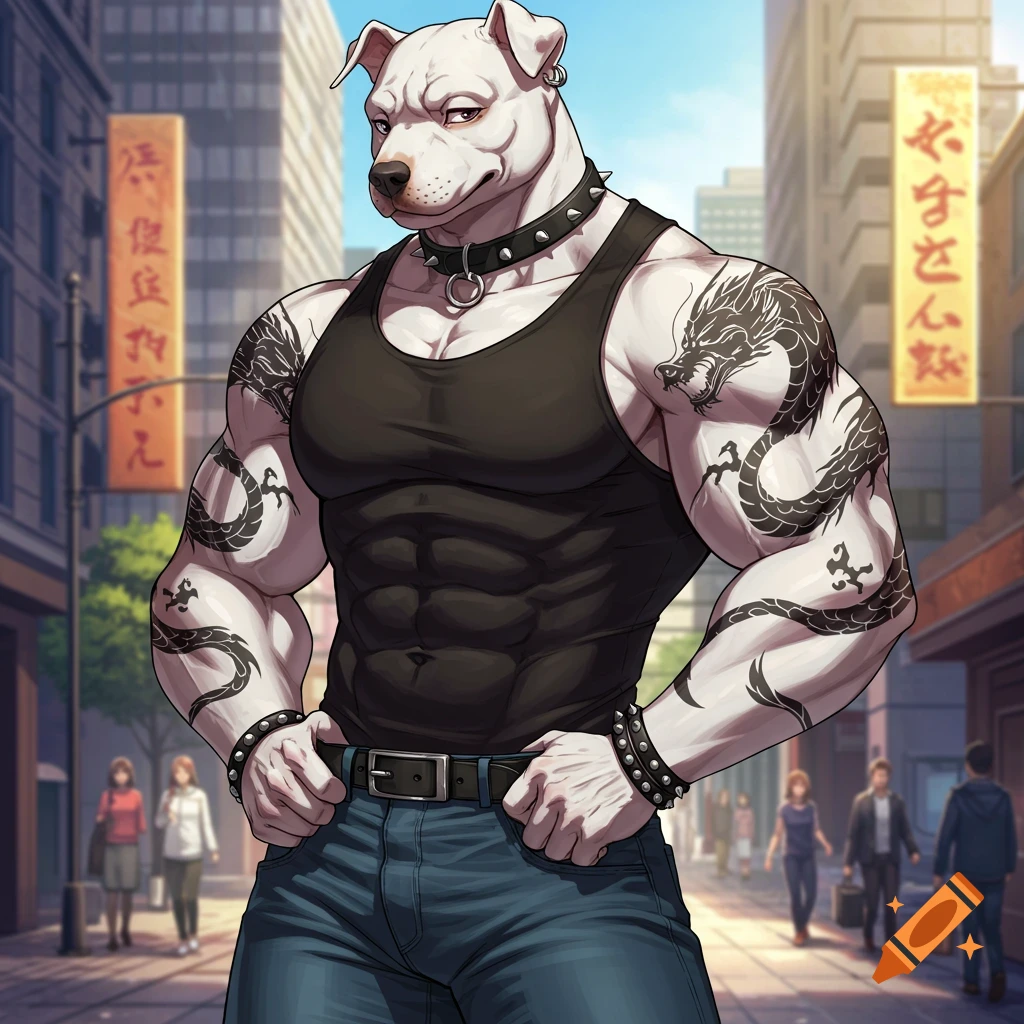 Anime-style drawing of a muscular white pitbull wearing a black tank top, jeans, and dragon tattoos, posing on a city street.
