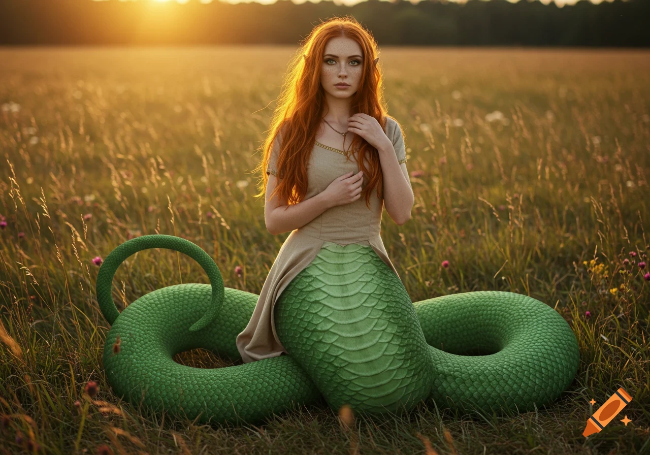 A photorealistic Lamia woman with red-gold hair and a green snake body wears a tan dress in a golden field at sunset.