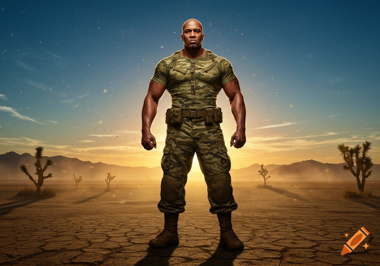 A muscular, bald soldier in camouflage stands in a cracked desert landscape with mountains and a sunset sky.