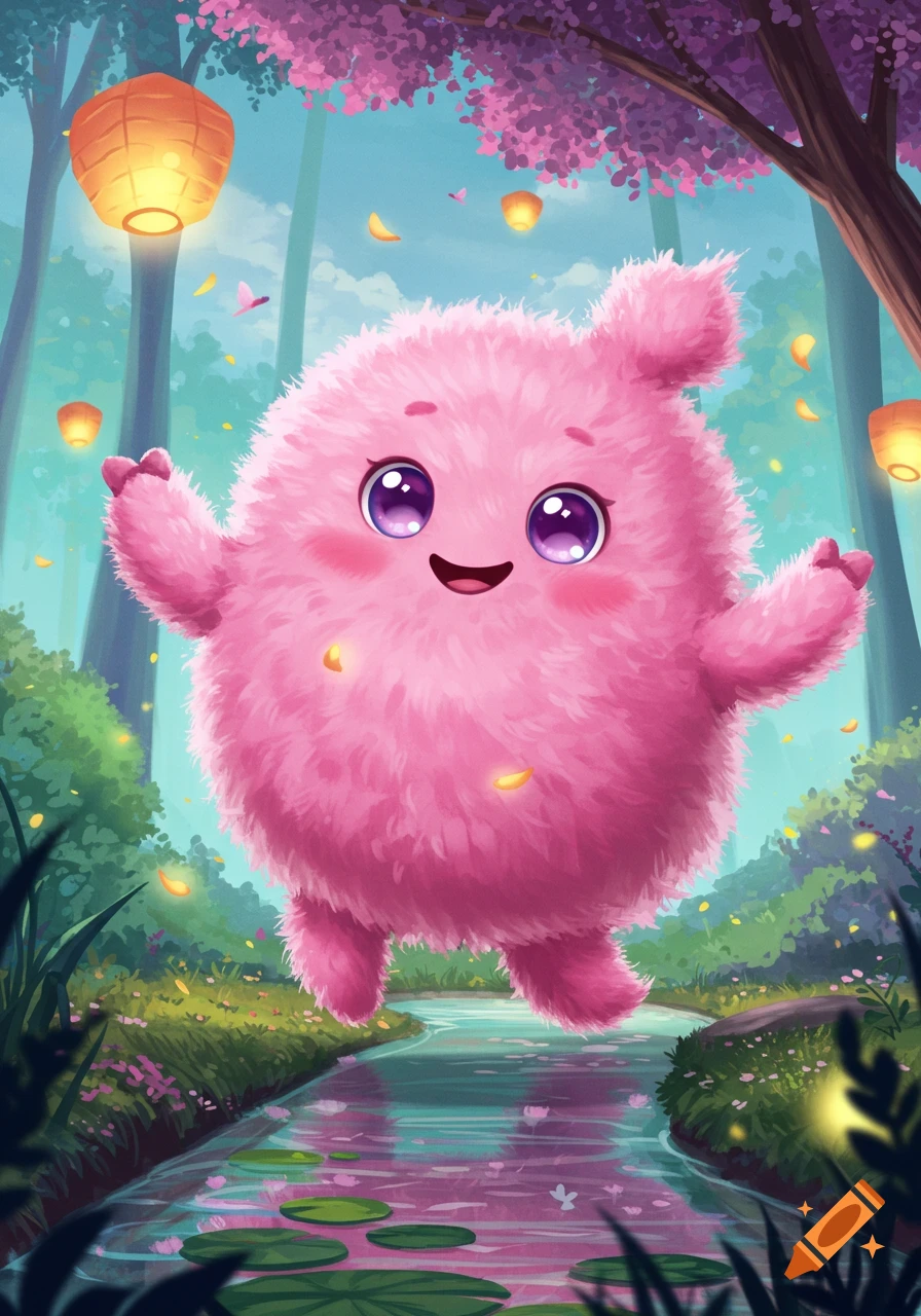 A pink fluffy monster with big purple eyes smiles and floats above a forest stream, surrounded by cherry blossoms and glowing lanterns.