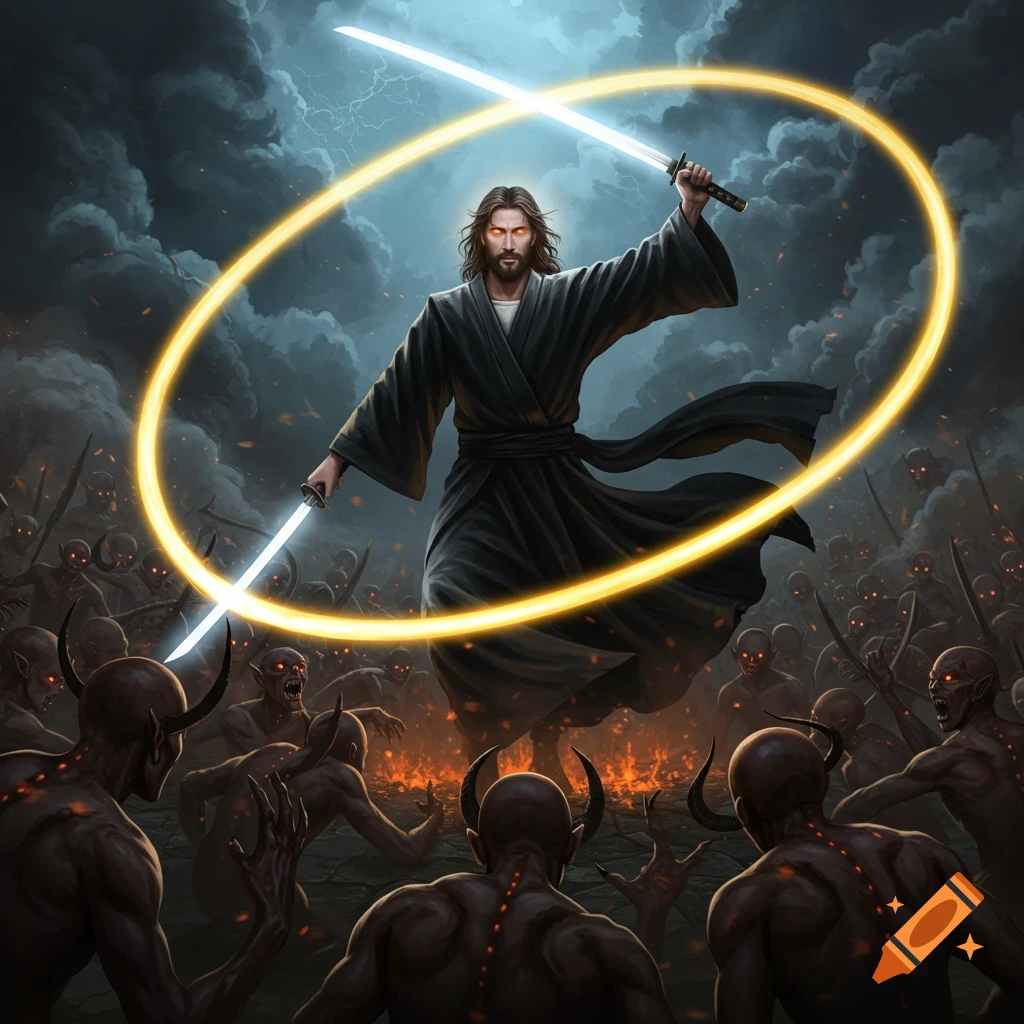 Ninja Jesus, with glowing eyes and two glowing swords, surrounded by a golden ring of light, fights red-eyed demons on fiery ground under a stormy sky.