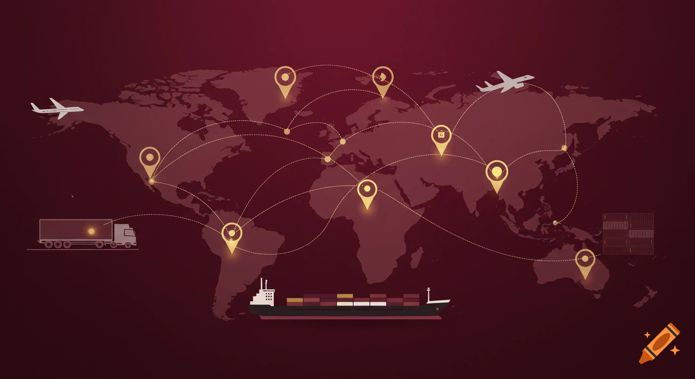 A burgundy-colored world map with interconnected location pins, cargo ship, truck, and airplanes representing global logistics.