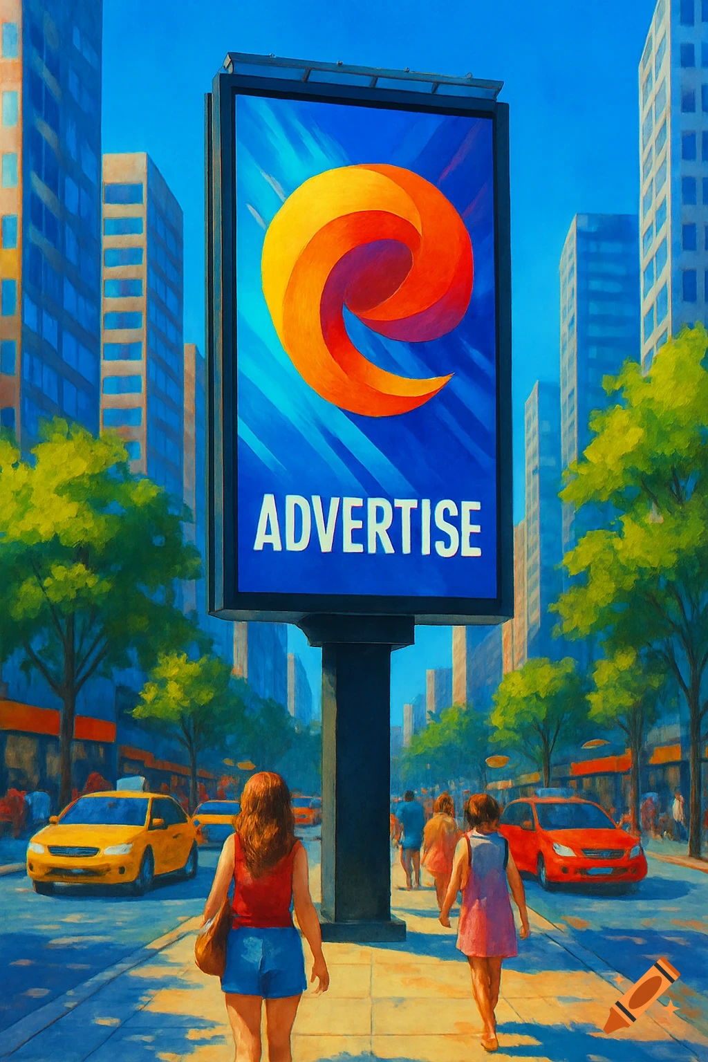 A vibrant, painterly image of a large billboard displaying an orange swirl logo and the word "ADVERTISE" in a city street scene with pedestrians and cars.