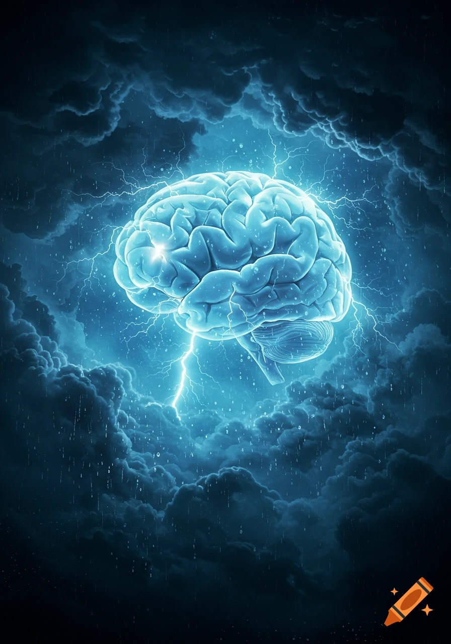 A glowing, bioluminescent human brain surrounded by dark stormy clouds with bright blue lightning bolts.