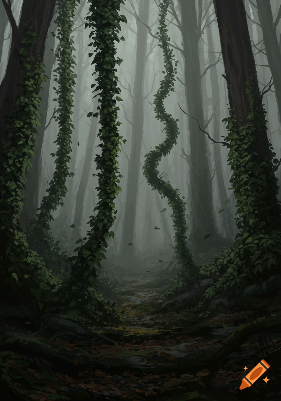 A dark, misty forest with tall trees covered in winding ivy, leading to a path in the distance, digital art.