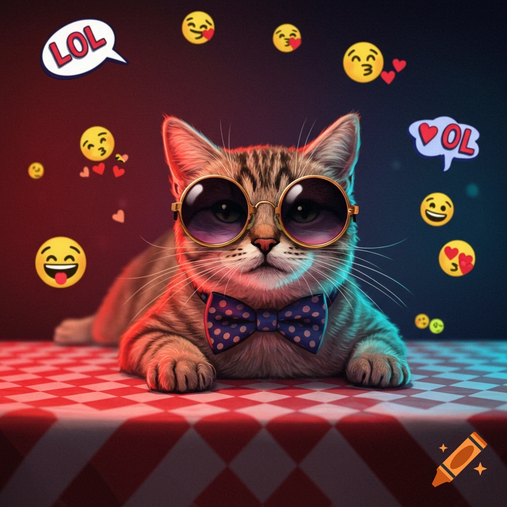 A cool tabby cat wearing round sunglasses and a polka dot bow tie, on a checkered table with floating emojis and 'LOL' speech bubbles under neon lights.