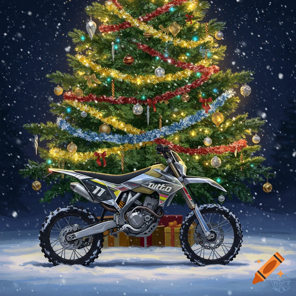 A white and yellow dirtbike stands in the snow before a decorated Christmas tree, with snow falling at night. Illustration.