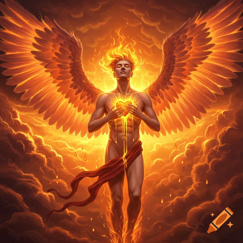 A male angel wreathed in fire with large fiery wings, molten gold leaking from his glowing heart, amidst fiery clouds.