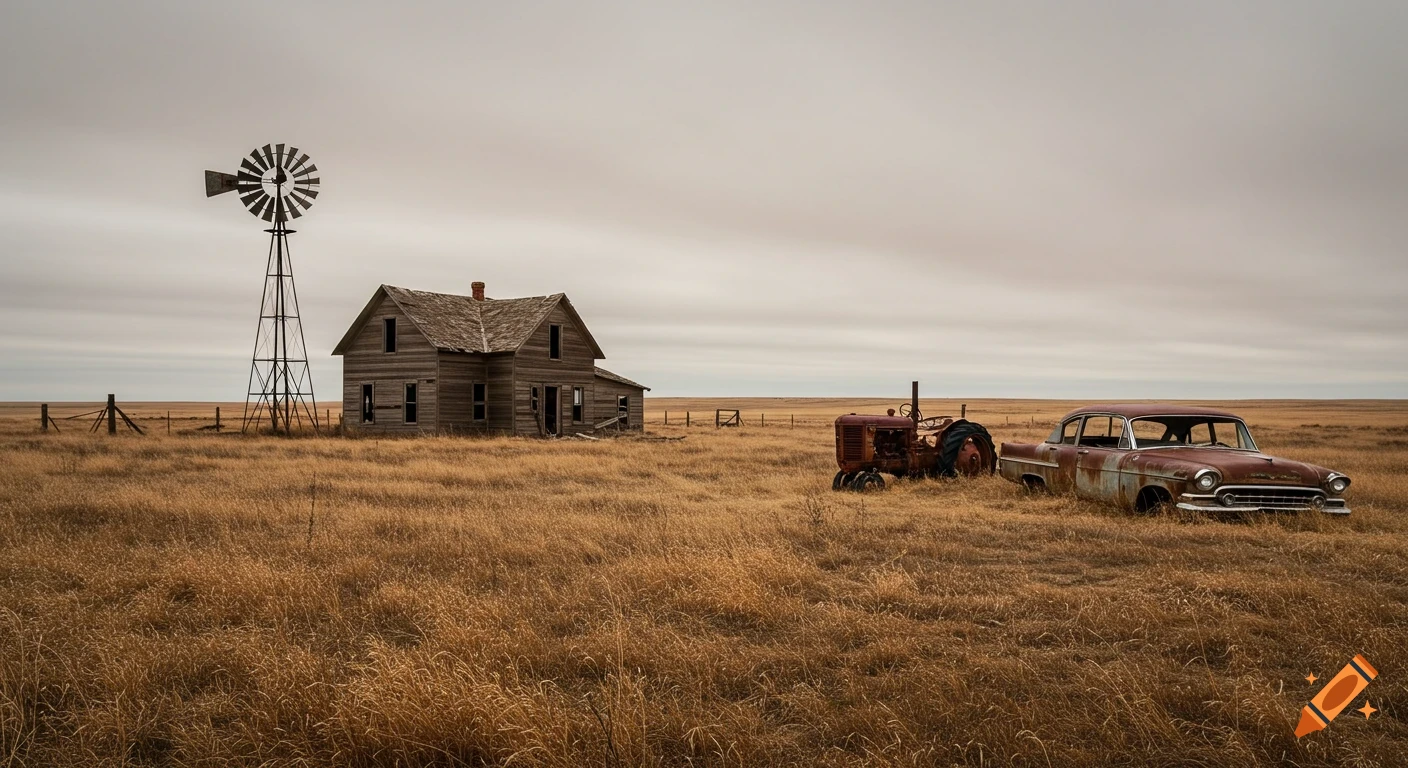 Photorealistic image of an abandoned house, windmill, rusty tractor, and old car in a dry, grassy field under a cloudy sky.