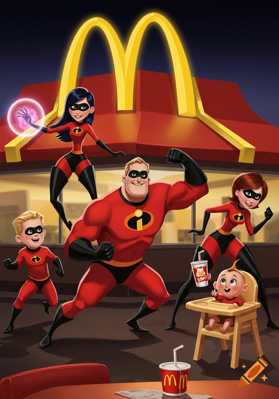 The Incredibles family stands in front of a McDonald's restaurant. Mr. Incredible, Elastigirl, Violet, Dash, and Jack-Jack are all in their superhero suits.