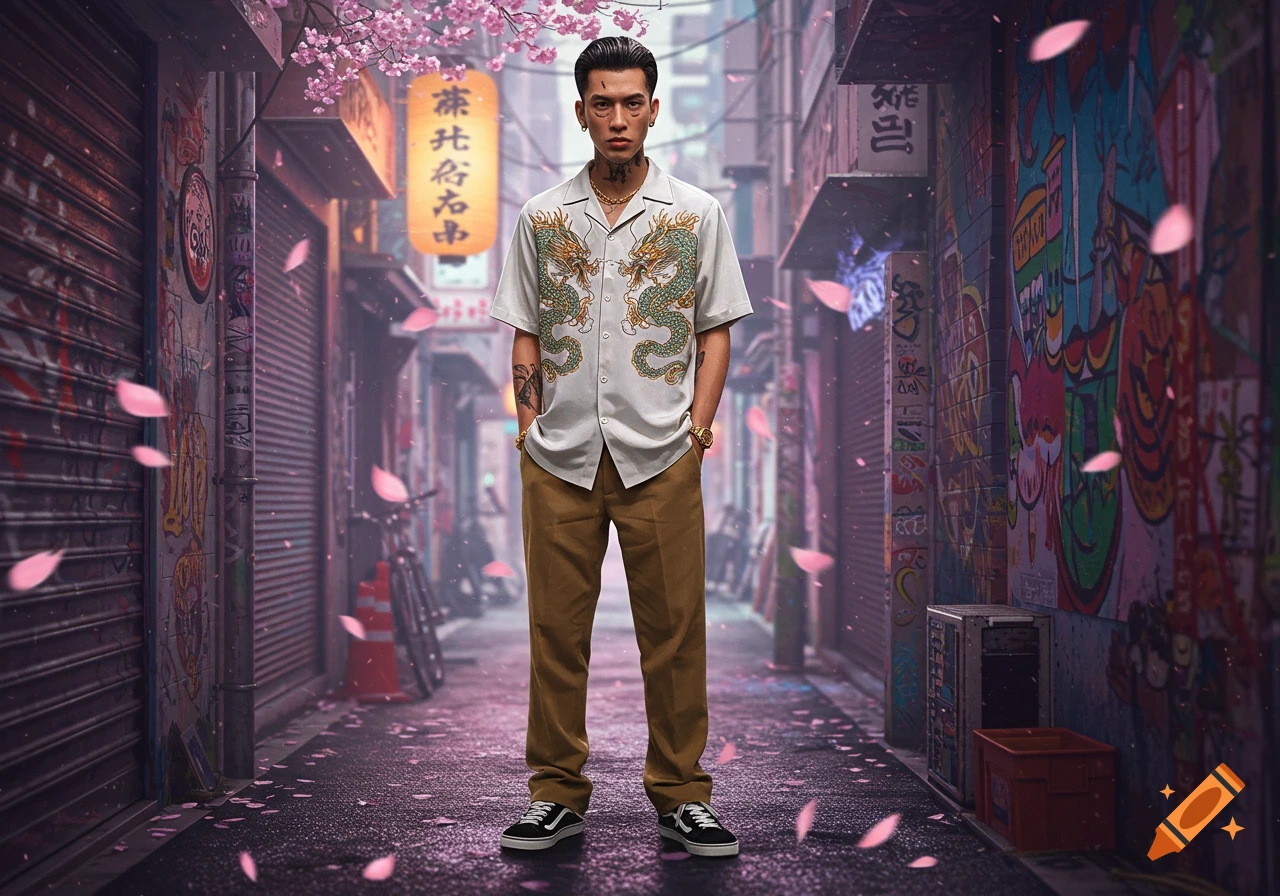 A photorealistic image of a man in a light dragon-embroidered shirt, khaki pants, and sneakers, standing in a Japanese-style alley with graffiti and cherry blossoms.