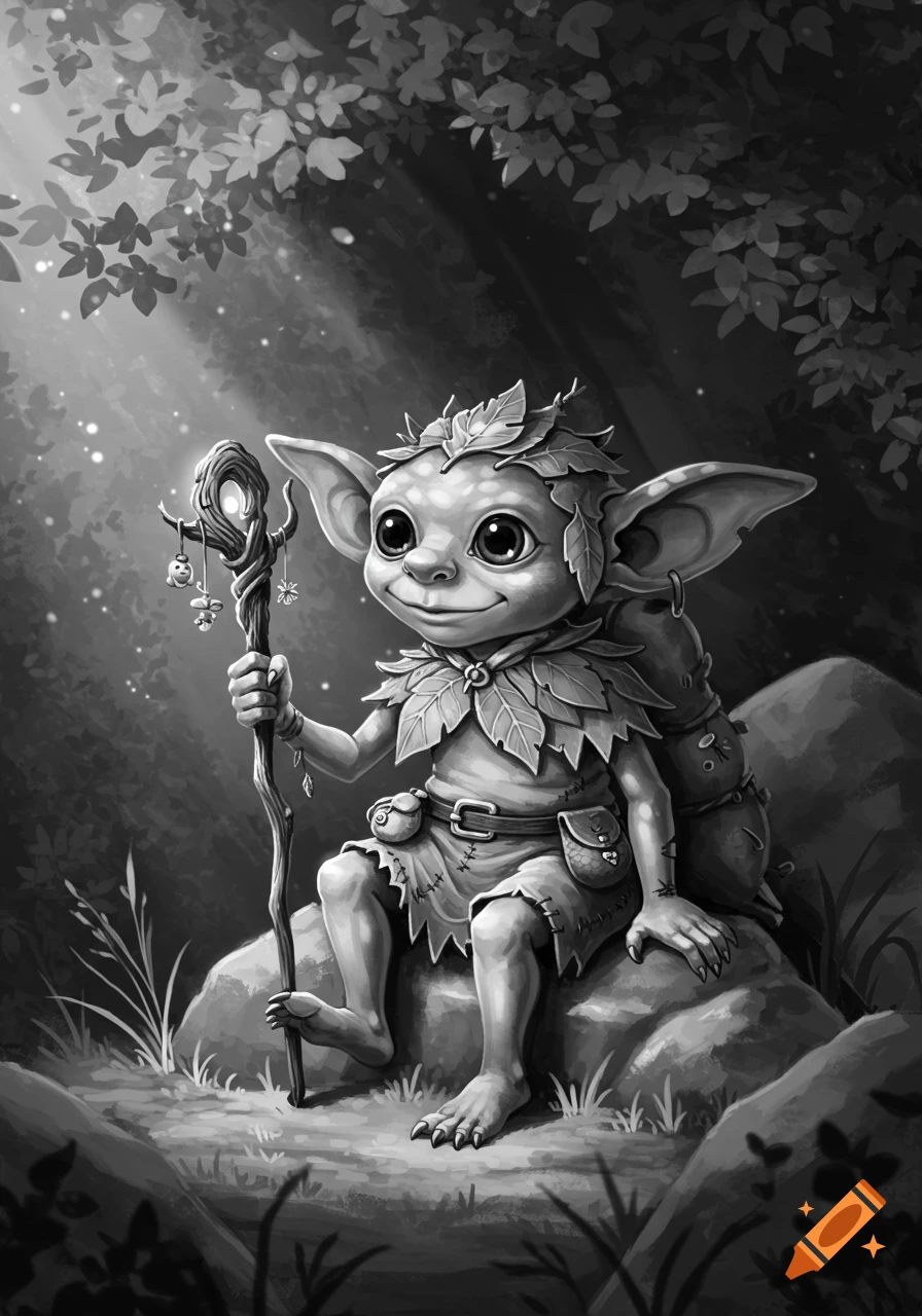 A cute, smiling, leaf-adorned goblin-like creature sits on a rock in a black and white forest illustration, holding a staff.
