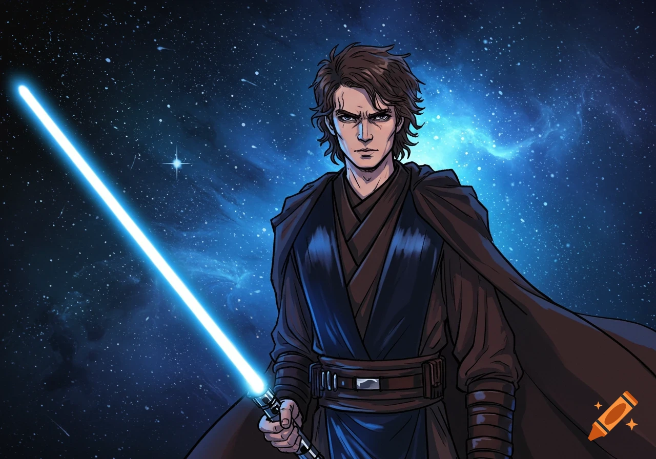 Anime-style Anakin Skywalker holding a glowing blue lightsaber against a dark blue cosmic background with stars and a nebula.