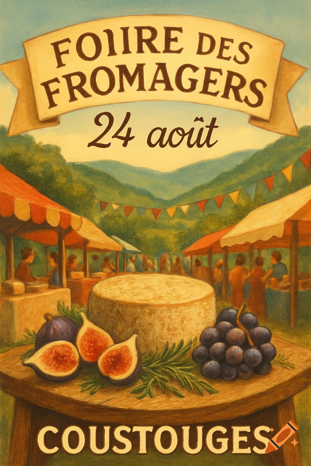An illustrated vintage-style poster for a cheese fair, with a large cheese wheel, figs, and grapes on a table, market stalls, and mountains in the background.