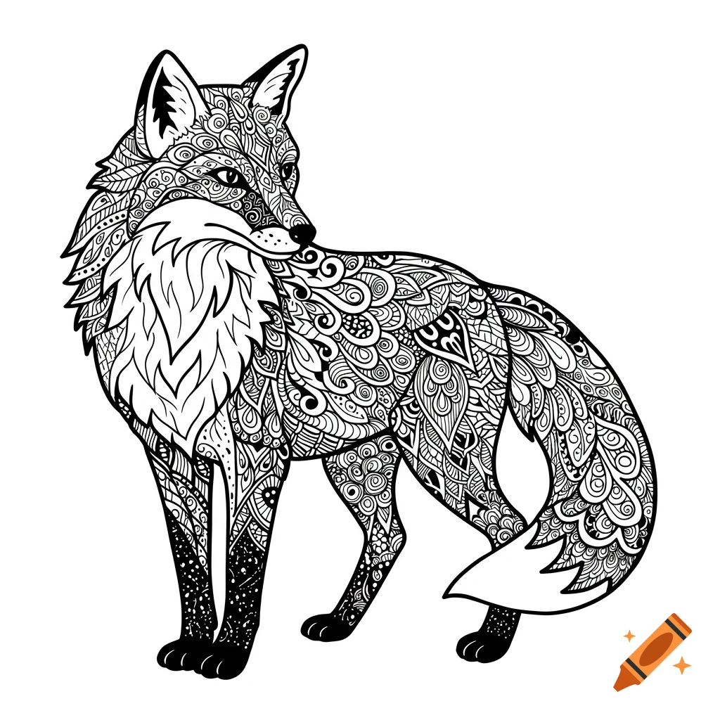 A black and white zentangle-style illustration of a fox, intricately patterned with abstract designs.
