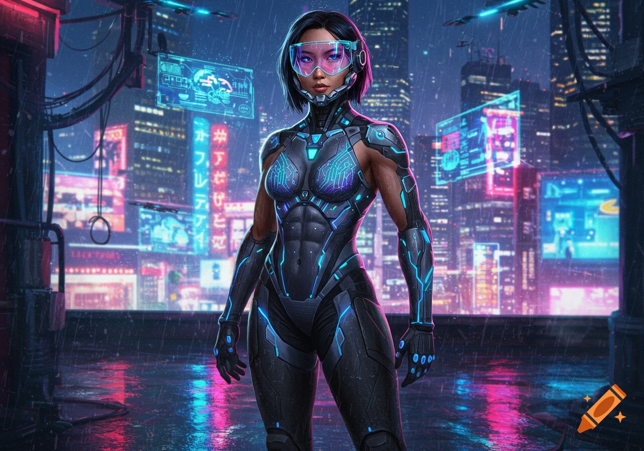 A muscular Asian woman in a black and blue cyberpunk suit stands on a rainy rooftop, surrounded by glowing neon cityscapes.