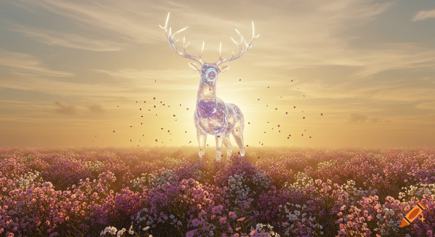 A glowing, translucent stag with constellations inside stands in a field of pink and white flowers under a golden sky with falling petals.